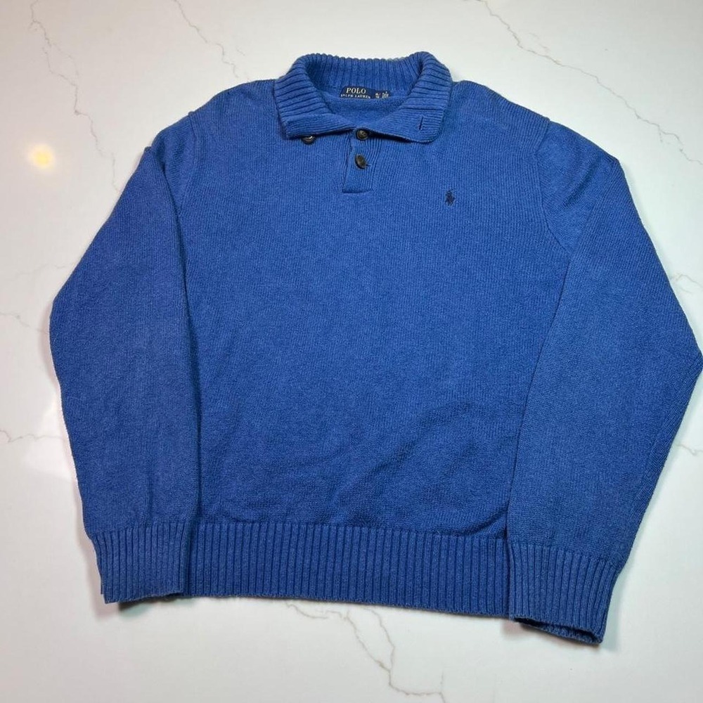 Polo Ralph Lauren Mens XL Blue 100% Cotton Button Mock Neck Knit Sweater